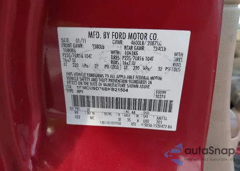 2011 Ford Escape Xlt из США, поврежденный, VIN 1FMCU9D76BKB21504